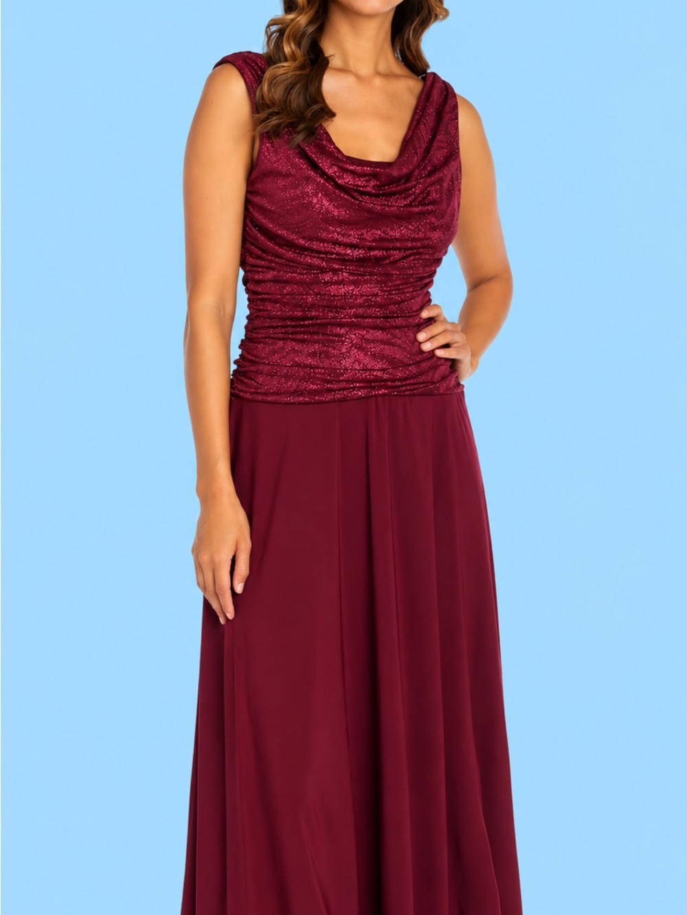 R&M Richards Burgundy Sparkle Cowl Neck Maxi Dress